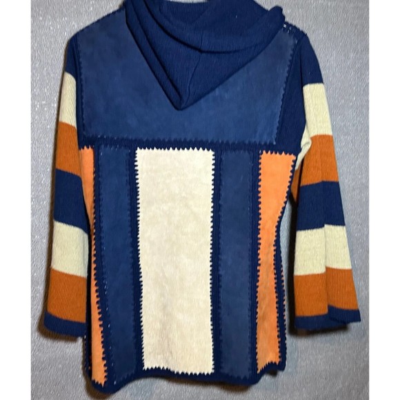 Vintage Women`s Small Leather Acrylic Indian Aztec Navy Blue Jacket w/ Hood - Picture 3 of 10